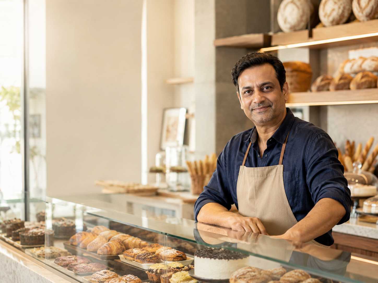 Local bakery owner standing behind a display counter of fresh breads and pastries