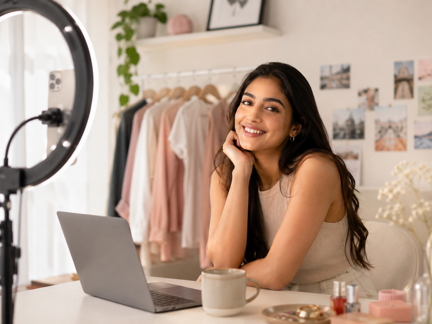 Creator filming content with a ring light and laptop at her desk